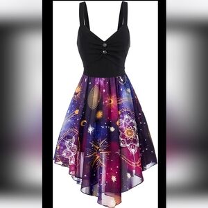 FEAPHY Women's Vintage Chiffon Sun Moon Star Sleeveless A-Line Dress Large
